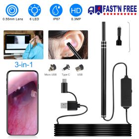 Ear Endoscope Otoscope Visual Earpick Ear Cleaning Camera Ear Wax Removal Tool IP67 Waterproof 3 in 1 Borescope w/ 6 Adjustable LED for Android