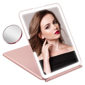 Folding Travel Makeup Mirror With 10X Magnifying Mirror 3 Color LED Lights Dimmable Brightness Rechargeable Battery Tabletop Portable Cosmetic Mirror (Option: L)