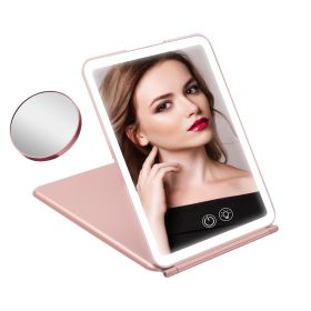 Folding Travel Makeup Mirror With 10X Magnifying Mirror 3 Color LED Lights Dimmable Brightness Rechargeable Battery Tabletop Portable Cosmetic Mirror (Option: S)