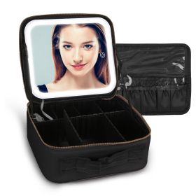 Travel Makeup Bag with LED Mirror Makeup Case Organizer with 3 Light Colors Adjustable Dividers Brush Holder Magnifying Mirror Dimmable USB Rechargeab (Option: S_Black)