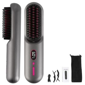 Cordless Negative Ion Hair Straightener Brush Rechargeable Mini Styling Comb with 12 Heating Levels Anti-scald 30S Preheating 30Mins Auto Sleep LCD Di (Option: Grey)
