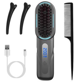 Cordless Hair Straightener Brush Rechargeable Mini Styling Comb with 4 Heating Levels Blue Light Sterilization Single press Stray Hair Removal 20Mins (Option: Grey)