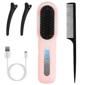 Cordless Hair Straightener Brush Rechargeable Mini Styling Comb with 4 Heating Levels Blue Light Sterilization Single press Stray Hair Removal 20Mins (Option: Pink)