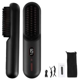 Cordless Negative Ion Hair Straightener Brush Rechargeable Mini Styling Comb with 12 Heating Levels Anti-scald 30S Preheating 30Mins Auto Sleep LCD Di (Option: Black)